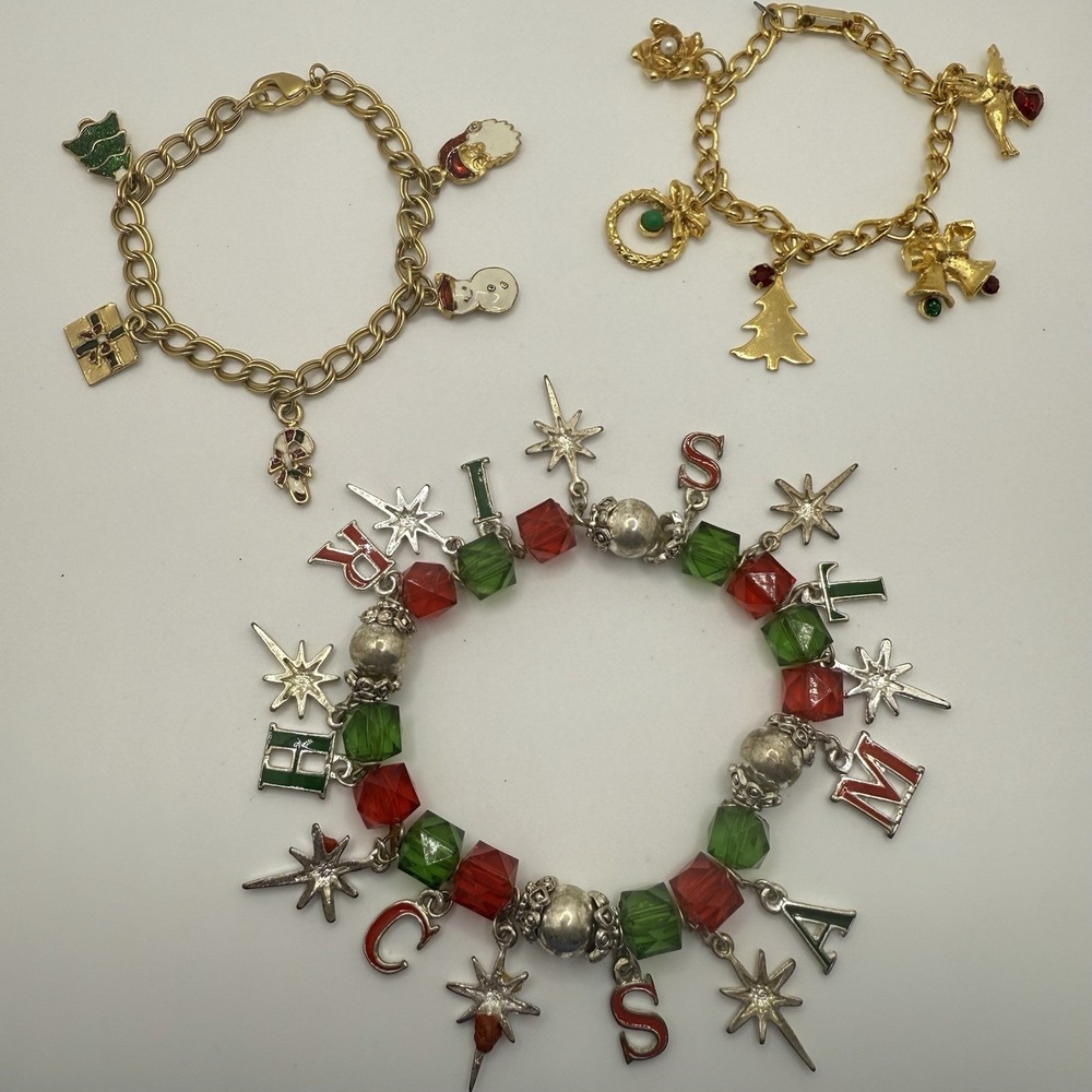 Three Christmas Charm Bracelets Dangle Charms Holiday Party Gift 6.5in 7in 7.5in
